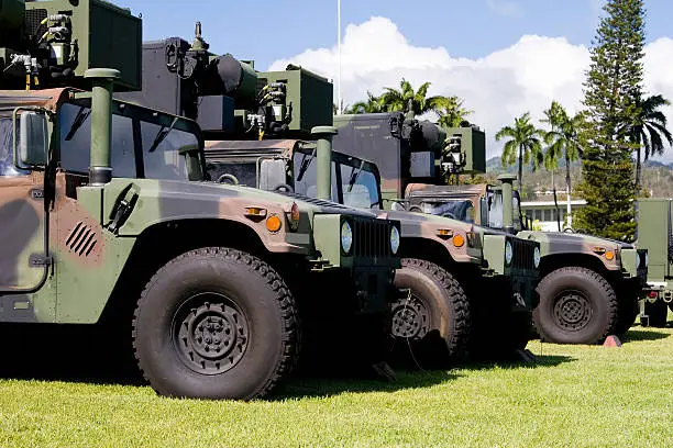Army camouflage Humvees lined up in formation