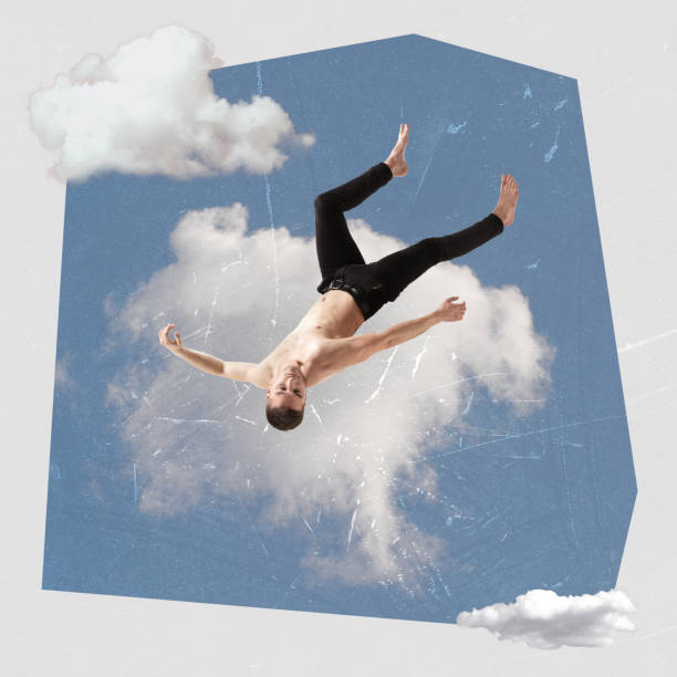 istock Contemporary art collage. Creative design. Young shirtless man in pants falling down the sky. Flight of inspiration 1459136468