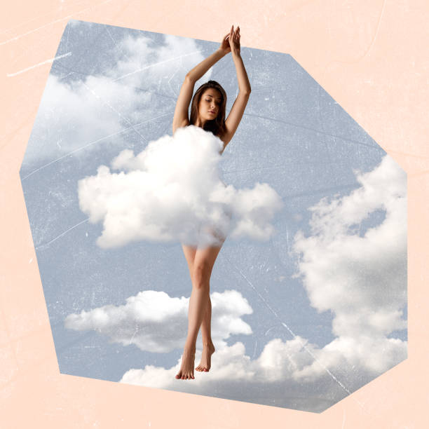 istock Contemporary art collage. Creative design. Tender young girl covered into cloud and posing. Sensuality and self-care 1459136474