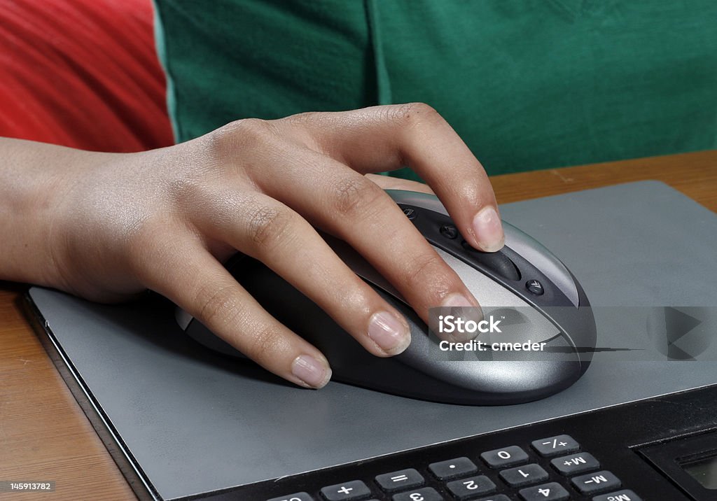 Girl preparing taxes Girl holding a mouse, doing her taxes Adult Stock Photo