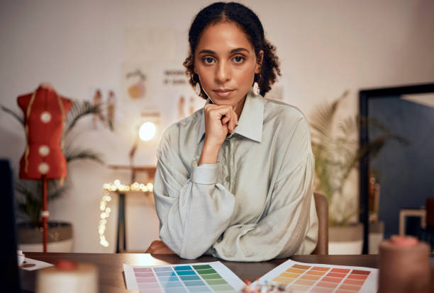 istock Black woman, creative designer and portrait in studio for inspiration, creativity motivation and color vision. African businesswoman, entrepreneur and confident fashion designer or tailor in showroom 1459137870