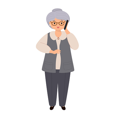 Vector character illustration of elderly woman talking on smartphone. Grandmother using mobile phone. Family, mobile internet, social media, modern communication technology concept.