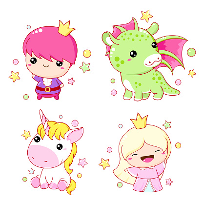 Set of kawaii fairy tale characters. Little princess, prince, unicorn and dragon. Cute fairytale collection of funny happy baby characters. Vector illustration EPS8