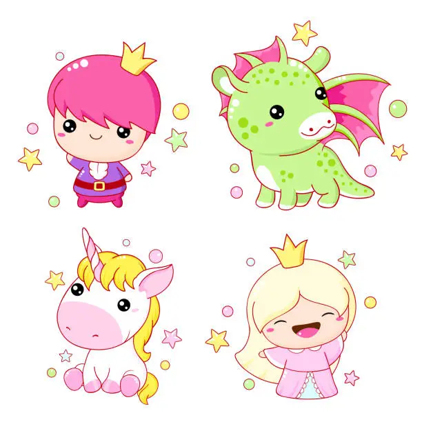 Vector illustration of Set of kawaii fairy tale characters. Little princess, prince, unicorn and dragon. Cute fairytale collection of funny happy baby characters