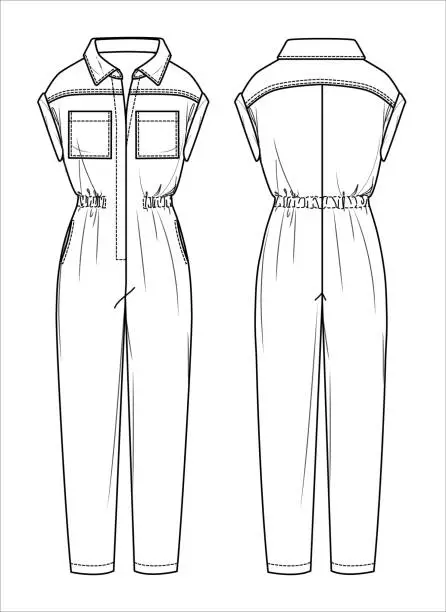 Vector illustration of Vector woman drop shoulder jumpsuit technical drawing, sleeveless jumpsuit with pockets and elasticized waist fashion CAD, template, flat, sketch, mockup. Jersey or woven fabric jumpsuit, white color