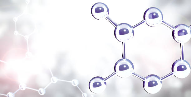 istock Horizontal banner with model of abstract molecular structure. Background of gray color with glass atom model 1459140794