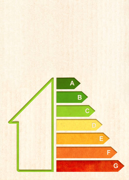 istock Energy efficiency chart on cardboard texture. Vertical banner with eco paper texture and energy efficiency house symbol. Energy class, bio energetic and ecology concept 1459140882