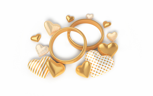 3d RenderGold Wedding Rings and Heart Ornaments, For Engagement, Wedding, Love and Valentine's Day Concepts (İsolated on white & Clipping path)