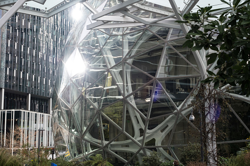 Seattle, USA – Jan 3rd, 2023: The Amazon Spheres campus late in the day.