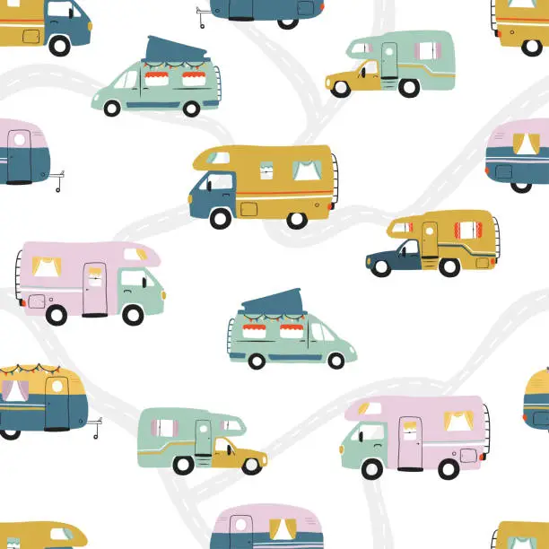 Vector illustration of Road trip seamless pattern, doodle camper vans, vanlife, adventure - great for textiles, banners, wallpapers - vector design