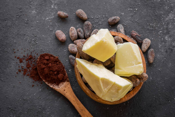 istock Cocoa butter or Cocoa bean solid oil and raw cocoa beans on rustic backdrop, healthy natural oil 1459141557