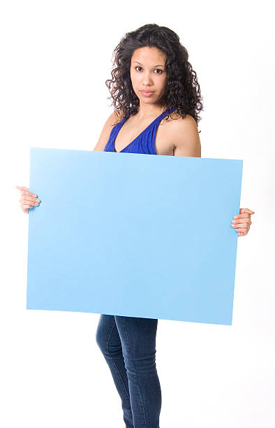 istock women holding a blue card board 145914338