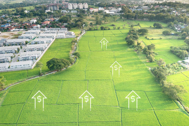 Land value in aerial view consist of landscape of green field or agriculture farm, residential or house building in village, up arrow of rate market price. Real estate or property for sale, investment el valor de la tierra en vista aérea consiste en paisaje de campo verde o granja agrícola, construcción residencial o de casas en el pueblo, flecha hacia arriba del precio de mercado de tasas. bienes inmuebles o propiedades en venta, inversión