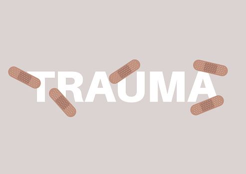 Trauma sign covered with band aid plasters, anxiety treatment, depression and stress