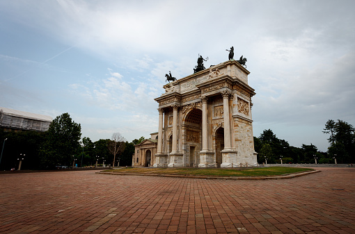 View of Arco della Pace at Porta Sempione city gate at Milan