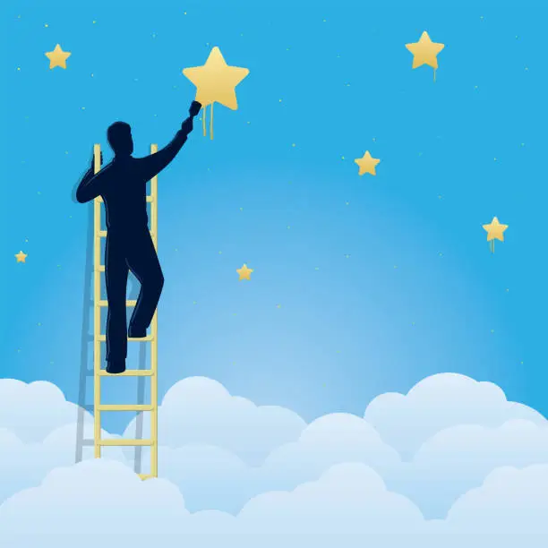 Vector illustration of Man climbing a ladder draws stars in the sky.