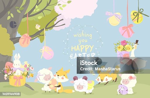 istock Cute Cartoon Animals celebrating Easter in Spring Forest 1459144908