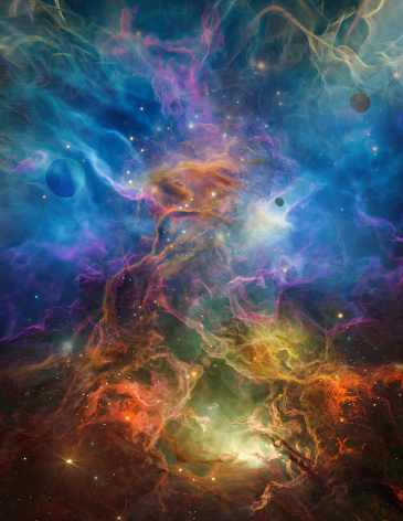 Nebula in outer space, planets and galaxy