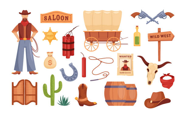 Wild West icons Wild West icons. Vector set of western Texas with cowboy, hat, wooden signboard, cactus, dynamite, gun, wanted poster, sheriff badge, cow skull, tequila, horseshoe. Collection for game, web, stickers officer boots stock illustrations