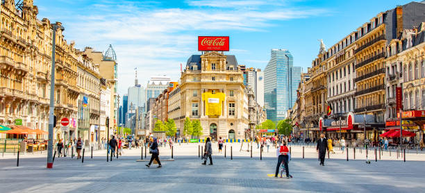 Brussels, Belgium - August 12, 2022: City skyline and central Brouckere square (Place de Brouckere)