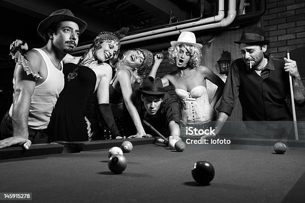 Retro Group Playing Pool Stock Photo - Download Image Now - 1920-1929, Bar - Drink Establishment, Pool - Cue Sport