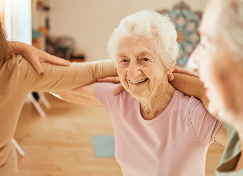 Senior women, portrait and fitness support, accountability friends and happy workout while training and exercise. Gym, smile and health goals with elderly female empowerment and community in gym