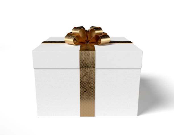 istock Beautiful gift box with golden ribbon and bow on white background 1459154871