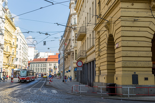 A glimpse at Prague architecture and a tramway as part of the public modes of transport.