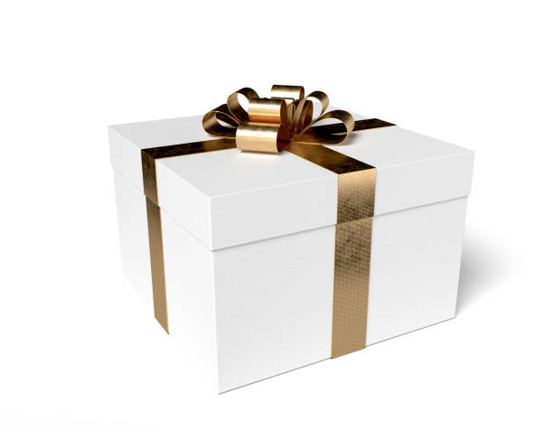 istock Beautiful gift box with golden ribbon and bow on white background 1459155520