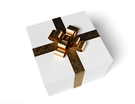 White gift box with gold ribbon. Isolated on a white background. 3D illustration