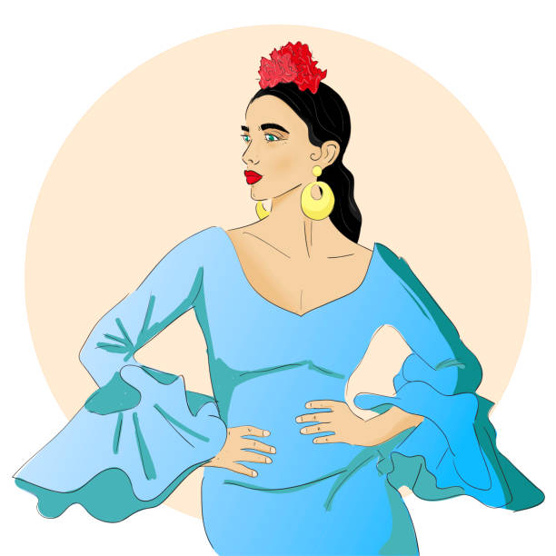 wektorowa ilustracja andaluzyjskiej kobiety ubranej w tradycyjny strój flamenco. piękna hiszpanka w stroju andaluzyjskim na feria de abril - hiszpanka_& stock illustrations