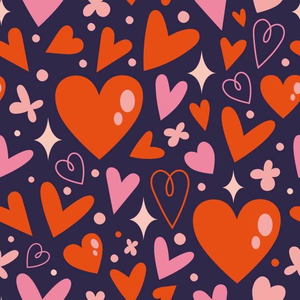 Saint Valentine's seamless pattern with various cute hearts on a dark background, cartoon style. Trendy modern vector illustration, hand drawn, flat Saint Valentine's seamless pattern with various cute hearts on a dark background, cartoon style. Trendy modern vector illustration, hand drawn, flat design. happy valentine day clip art stock illustrations