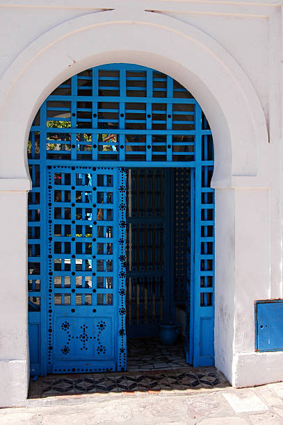 typical door colored in tunis blue stock photo