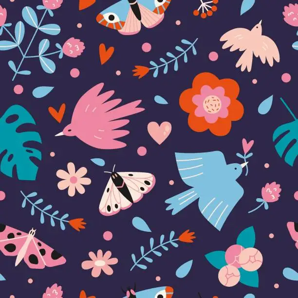 Vector illustration of Floral seamless pattern with cute birds, butterflies and flowers on a dark background, cartoon style. Trendy modern vector illustration, hand drawn, flat