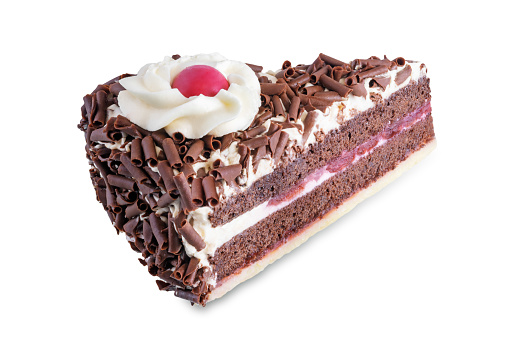 Black forest cake on a white isolated background. toning. selective focus