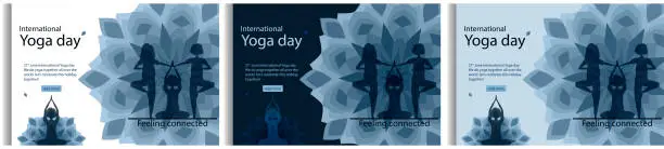 Vector illustration of 21 june international yoga day, young women doing yoga asana with mandala background. Concept web page design