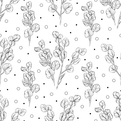 Eucalyptus leaf in pen and ink style endlessly repeating pattern. Vector EPS10 file.