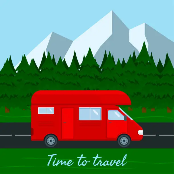 Vector illustration of Red camper van on road in forest. Time to travel poster or banner. Vector flat illusrtation