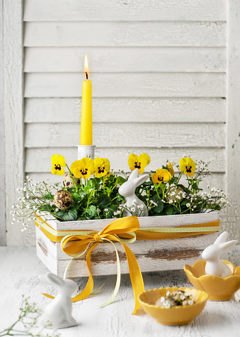 Beautiful yellow viola flowers with burning candle in the old vintage wooden box. Homemade decoration for Easter or floristic concept. Copy space.