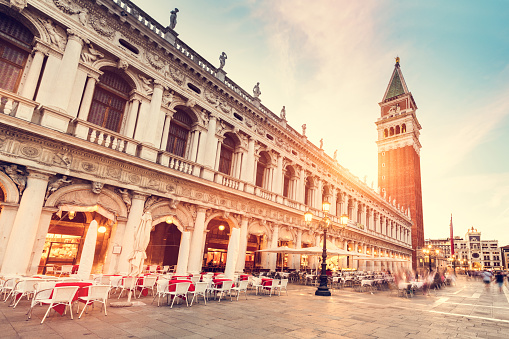 Piazza San Marco with Campanile tower in Venice, Italy at sunrise