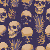 istock Seamless pattern with human skulls and pineapples 1459160866
