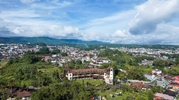 Aerial view of Traditional Minangkabau houses located in Bukittinggi stock photo