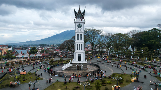 Aerial view of Jam Gadang, a historical and most famous landmark in BukitTinggi City, an icon of the city and the most visited tourist destination by tourists