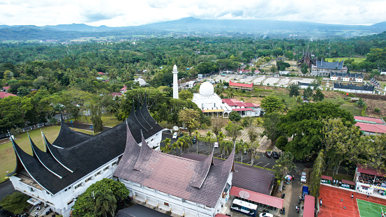 Aerial view of West Sumatra Grand Mosque. With modern architecture with the concept of traditional building.