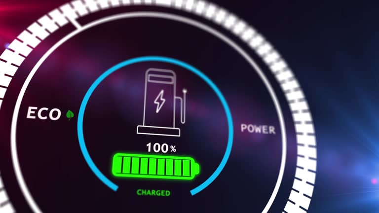 Battery charging digital display animation showing process of electric car battery charging. The charge indicator shows the progress of charging an electric car.