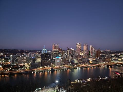 Grandview overlook in Pittsburgh, PA. View of downtown Pittsburgh cityscape at dusk.