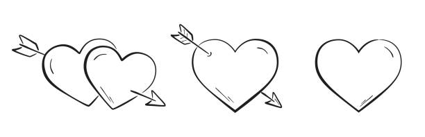 set of hand drawn hearts with arrow. romantic and love symbol. valentine's day design vector art illustration