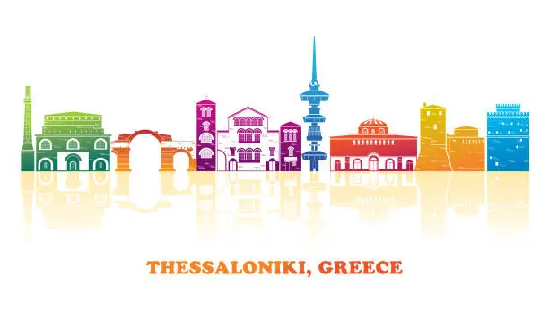 Vector illustration of Colourfull Skyline panorama of city of Thessaloniki, Greece