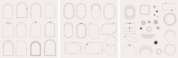 illustrations, cliparts, dessins animés et icônes de esthétique minimaliste moderne cadres, arcs, étoiles et éléments linéaires - ellipse