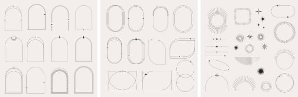 ilustrações de stock, clip art, desenhos animados e ícones de modern minimalist aesthetic linear frames, arcs, stars and elements - curve shape symbol abstract